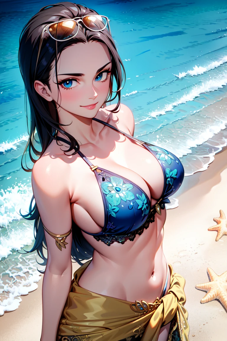 masterpiece, ((ultra detailed background, delicate pattern, intricate detail)), (highly detailed, fine details), best quality, beautiful lighting, (portrait), ((medium breasts, slim girl)), NicoRobinV2, 1girl, black hair, long hair, solo, medium breasts, (smile), sunglasses, blue eyes, eyewear on head, cleavage, closed mouth, hair slicked back, jewelry, collarbone, (swimsuit, crop top, cloth around waist), (complex detailed background, outside, nature environment, ocean, beach, sunny), <lora:NicoRobinV3Eight:0.75>