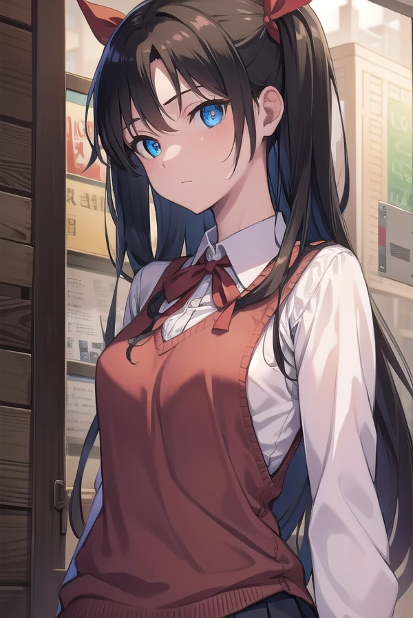 rintohsaka, <lora:rintohsakatest:1>, rin tohsaka, aqua eyes, black hair, hair ribbon, long hair, ribbon, sidelocks, two side up,
BREAK brown sweater vest, collared shirt, homurahara academy school uniform, neck ribbon, red ribbon, ribbon, school uniform, shirt, sweater vest, white shirt,
BREAK outside, city,
BREAK looking at viewer, BREAK <lora:GoodHands-vanilla:1>, (masterpiece:1.2), best quality, high resolution, unity 8k wallpaper, (illustration:0.8), (beautiful detailed eyes:1.6), extremely detailed face, perfect lighting, extremely detailed CG, (perfect hands, perfect anatomy),