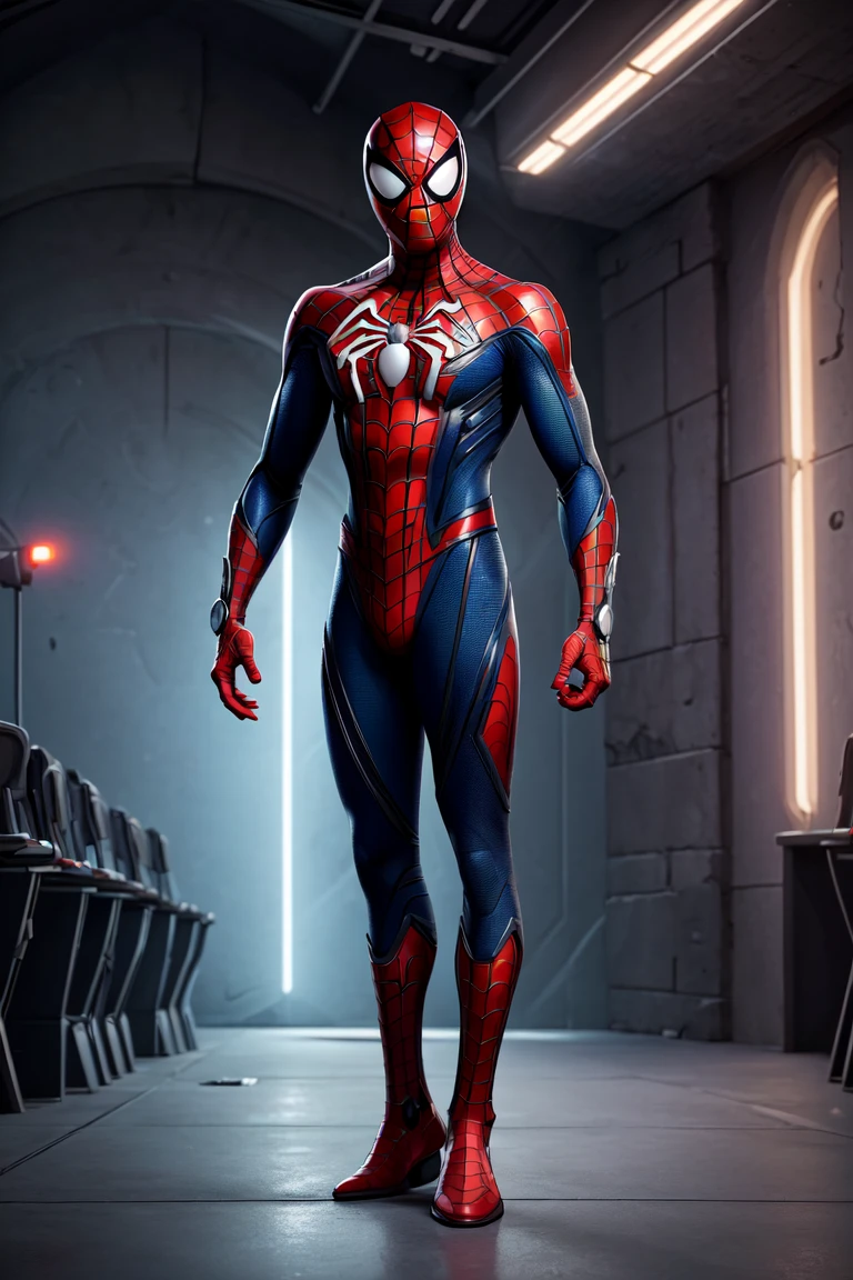 (full body:1.2), (masterpiece, best quality:1.4), gloomy portrait of Bloody Spider-Man from Marvel with intricate angular cybernetic implants inside a brutalist building, gothic brutalist cathedral, cyberpunk, award-winning photo, bokeh, neon lights, cybernetic limb, super cute, trending on artstation,Space Stage,<lora:more_details:0.3>,<lyco:GoodHands-beta2:1>,