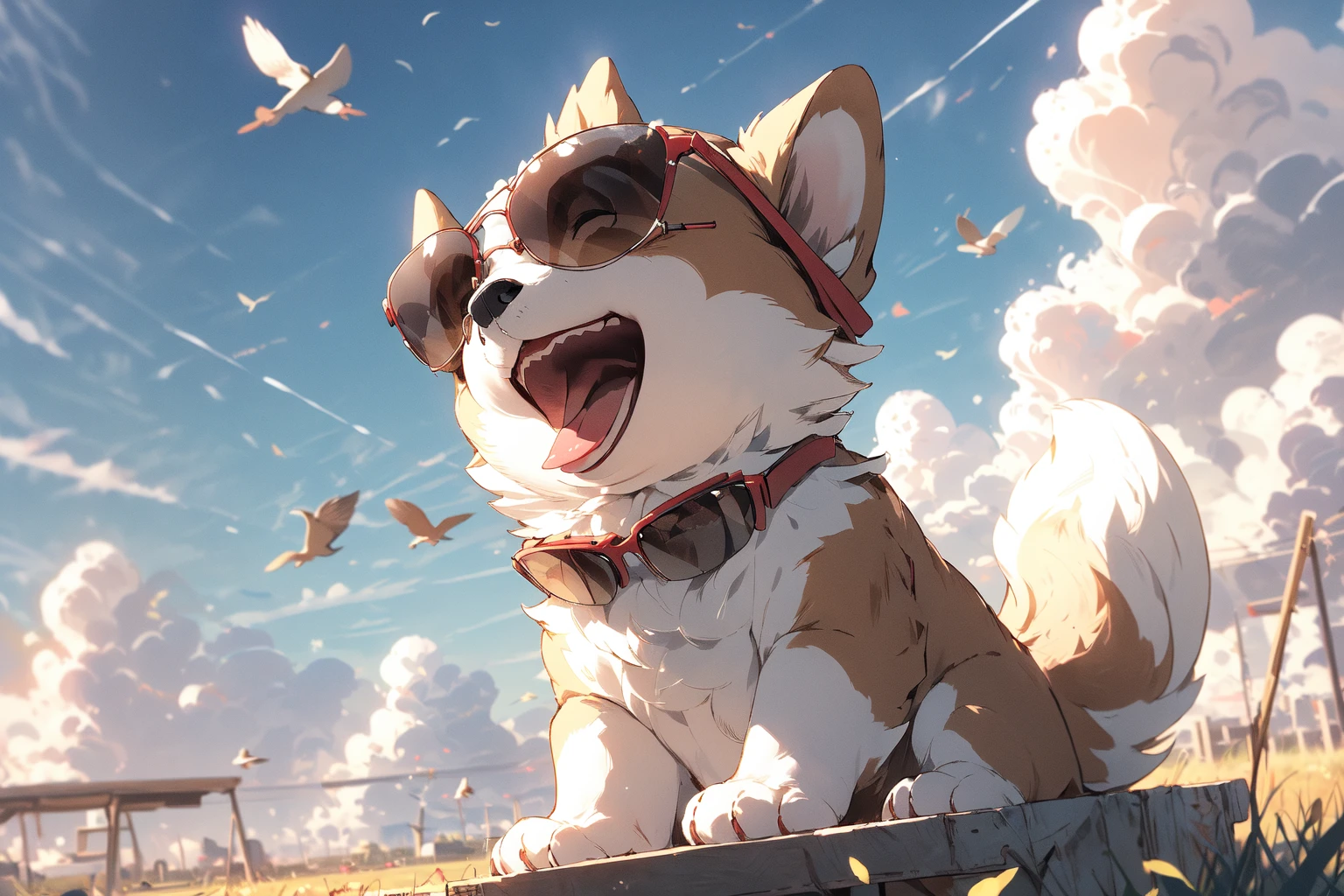 ,(Masterpiece:1.2, high quality),
sunglasses, sky, dog, outdoors, open mouth, no humans, cloud, day, blue sky, animal focus, animal, contrail, smile, solo, red bow, closed eyes, tongue, bow, bird, white fur, sitting, blush, tail, tongue out
<lora:dog_20230627135046-000018:1>