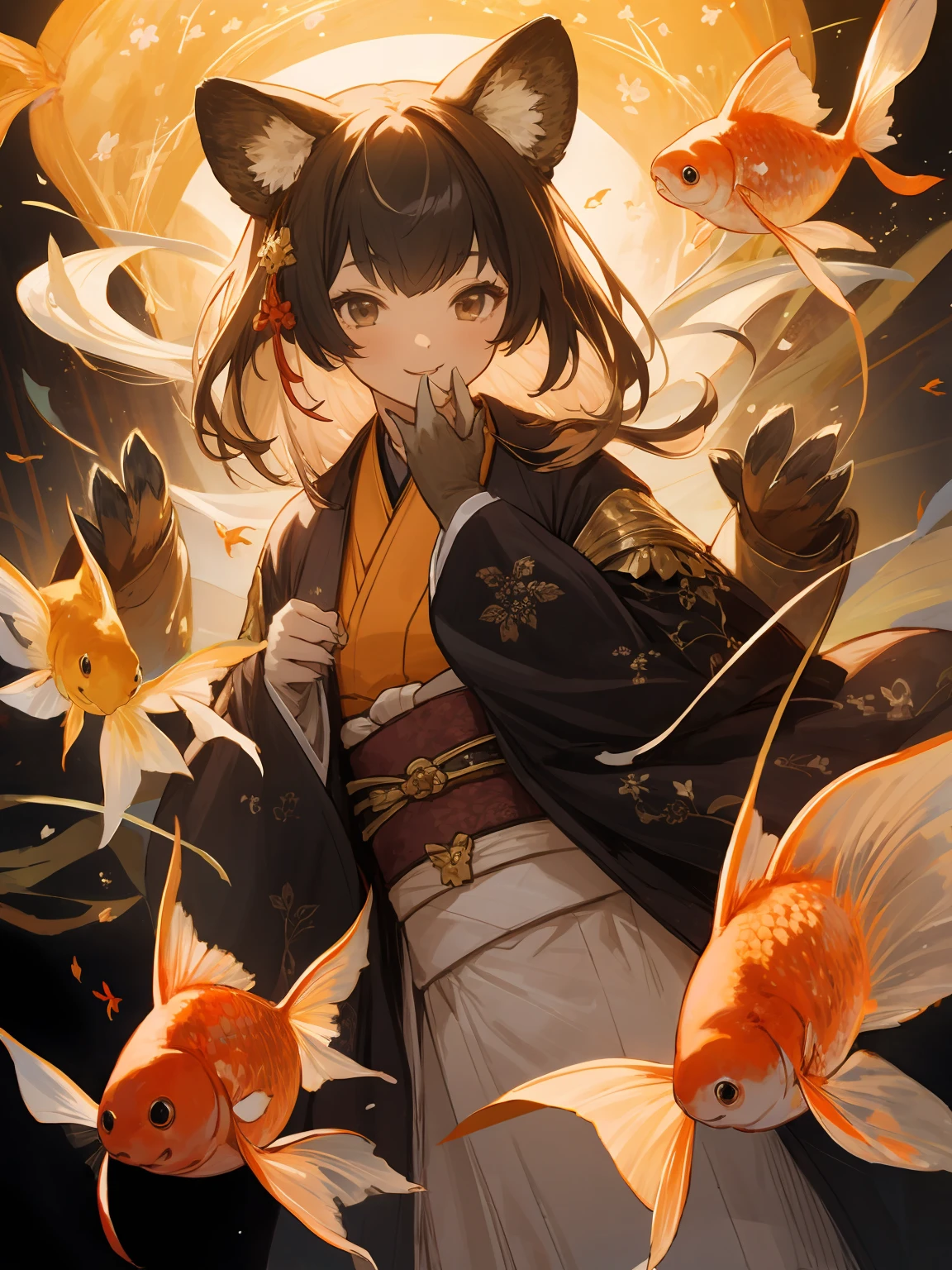 masterpiece,best quality,highres,cinematic lighting,dramatic angle,1girl,<lora:ShadowverseHozumi:0.8> ,1girl,animal ears,japanese clothes,black open jacket,obi,smile,hand on own cheek,looking at viewer,brown eyes,bamboos,goldfish,dynatic pose,cowboy shot,KIND,gold-trimmed,magic,multicolored hair,(black hair:white hair:0.86),frills,claws,elbow gloves,(open mouth:0.43),magic,feast,foods