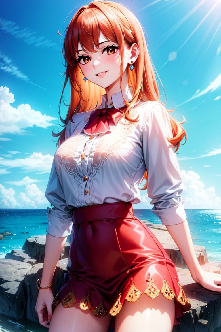 masterpiece, ((ultra detailed background, delicate pattern, intricate detail)), (highly detailed, fine details), best quality, beautiful lighting, ((medium breasts, slim girl)), NamiV3, ((white shirt, red skirt)), bavarian outfit, simple shirt, 1girl, orange hair, solo, long hair, jewelry, brown eyes, smile, earrings, blue tattoo, (complex detailed background, barren land, rocks, ocean, oustide, nature environment), (cowboy shot), <lora:NamiV3Nine:0.7>