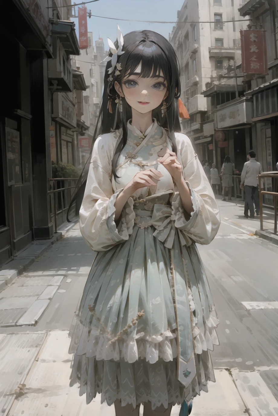 masterpiece, best quality, 1girl, solo, cute, smile, looking at viewer, long black hair, cowboy shot, cns_dress, pettiskirt, standing, (china town:1.1), beautiful sky, netural lighting,<lora:cns_dress_style2_v2:0.7>