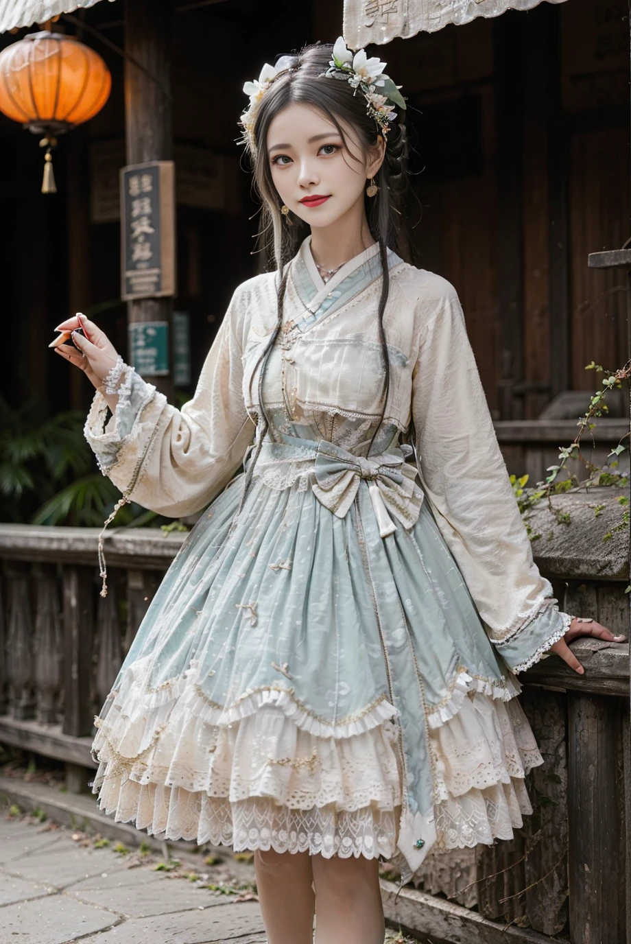 realistic, photorealistic, masterpiece, best quality, 1girl, solo, smile, looking at viewer, long black hair, cowboy shot, cns_dress, pettiskirt, standing, (china jiangnan water town style:1.1), beautiful sky, netural lighting,<lora:Cute Asian Face:0.65> , <lora:cns_dress_style2_v2:0.7>