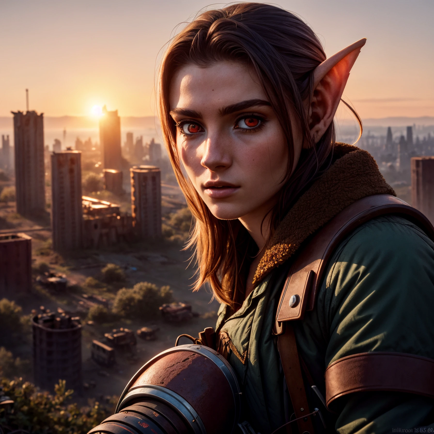 An 18 year old elven woman postapocalyptic outfit, (epic post apocalyptic destroyes city overgrown ruins), detailed background,  red eyes, close-up, amazing fine detail, RAW photo, Nikon D850 film stock photograph Kodak Portra 400 camera f1.6 lens, rich colors, lifelike texture, dramatic lighting, unreal engine, trending on ArtStation, cinestill 800 tungsten, ((new dawn on horizon))