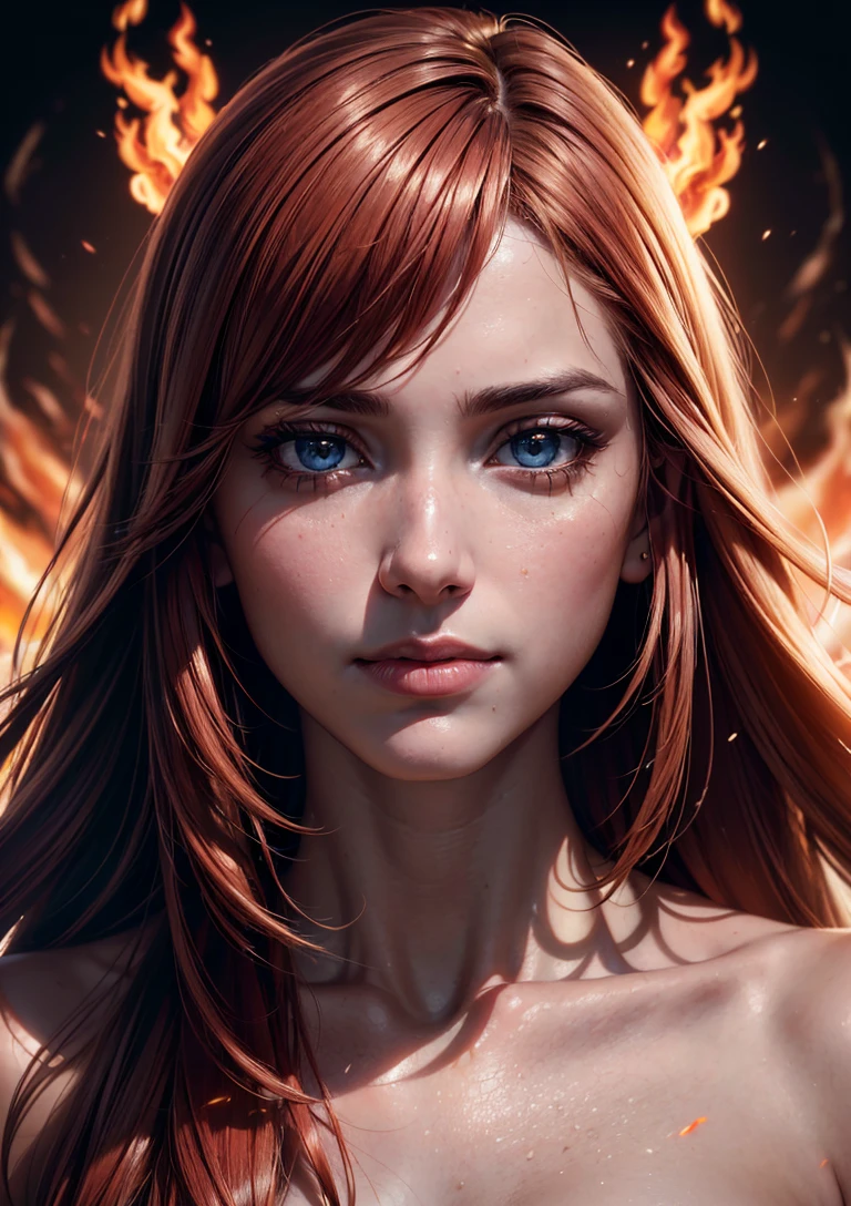 analog style, model shoot style, RAW photo ((close portrait:1.6)) of a 1girl, (red hair:1.5, long hair), ((hair in fire:1.5)), nude, smile, (shiny body), ((cute face: 1.7, perfect face:1.3)), best quality, epic (by lee jeffries photo, sony a7, 50 mm, pores:1.5, colors, hyperdetailed:1.5, film grain:1.4, hyperrealistic: 1.5), octane render, hyper-realistic lifelike texture, masterpiece, unreal engine 5, Extremely detailed CG unity 8k wallpaper, realistic eyes, Madly detailed photo, (ecstasy of light and shadow, deep shadow), (Winner of the Pulitzer Prize for Photography and Taylor Wessing Photographic Prize) <lora:add_detail:0.5>