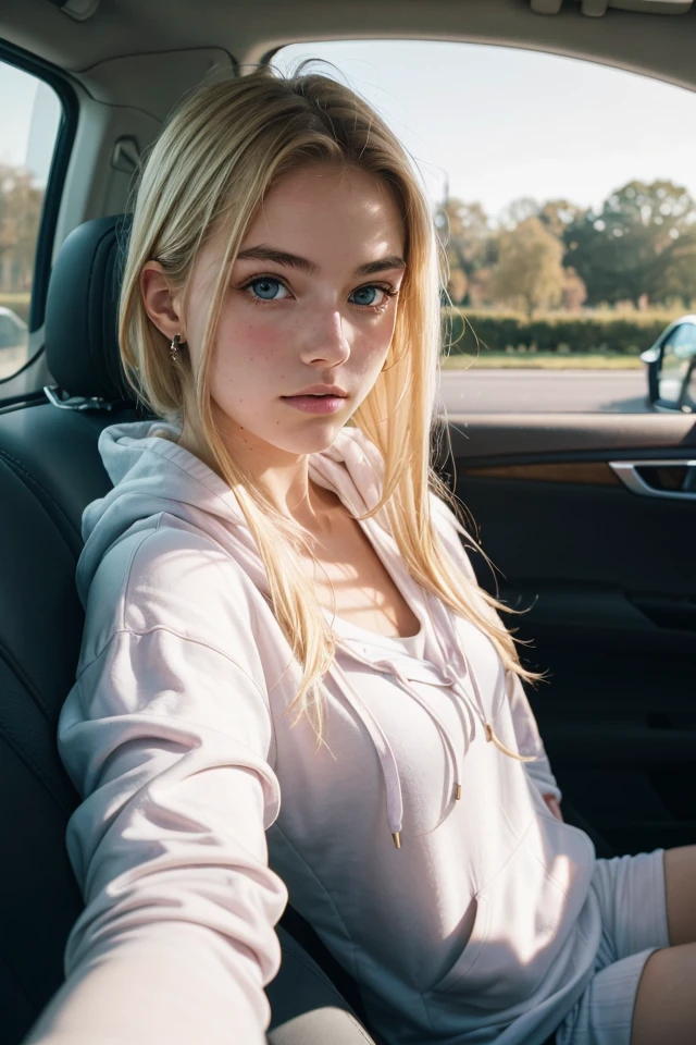 18yo blonde girl, upper body, selfie in a car,hoodie, inside a car, sharp focus,sunlight on face, beautiful eyes, cinematic lighting,