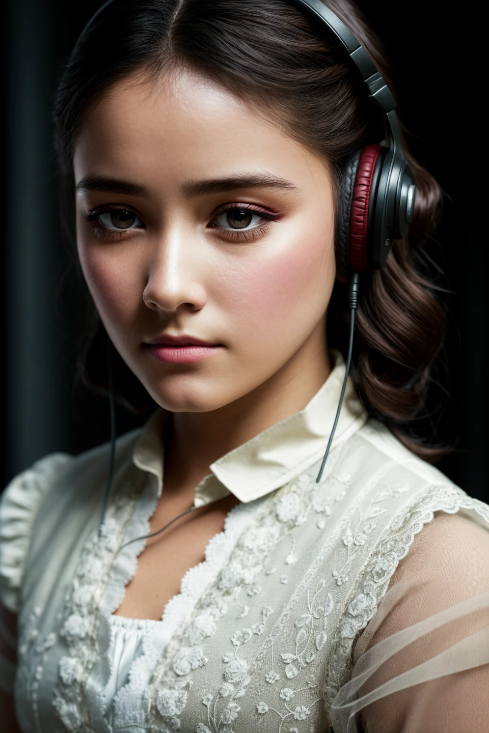 Jane Eyre with headphones, natural skin texture, 24mm, 4k textures, soft cinematic light, adobe lightroom, photolab, hdr, intricate, elegant, highly detailed, sharp focus, ((((cinematic look)))), soothing tones, insane details, intricate details, hyperdetailed, low contrast, soft cinematic light, dim colors, exposure blend, hdr, faded