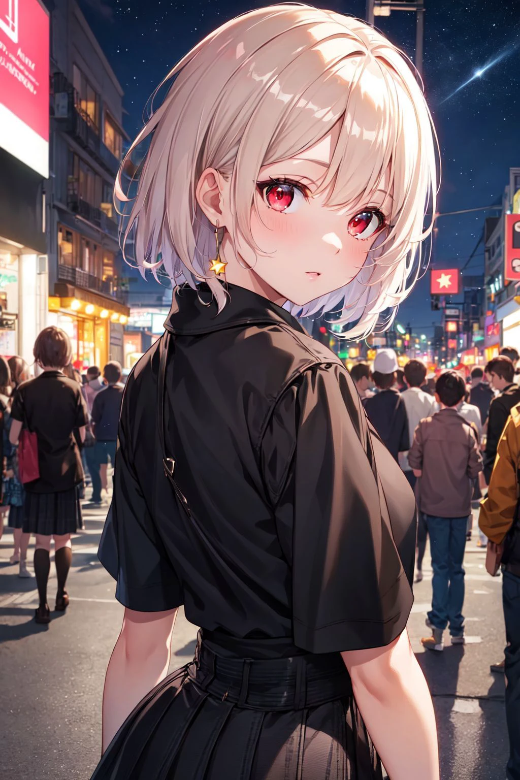 ((masterpiece)), (best quality),
official art, extremely detailed CG unity 8k wallpaper, highly detailed, shiny skin, Depth of field, vivid color,
1girl, (curvy:0.4), (full body:0.6),
short hair, bangs, red eyes, skirt, looking at viewer, night, street, neon, looking back, star \(sky\), crowd, upper body,