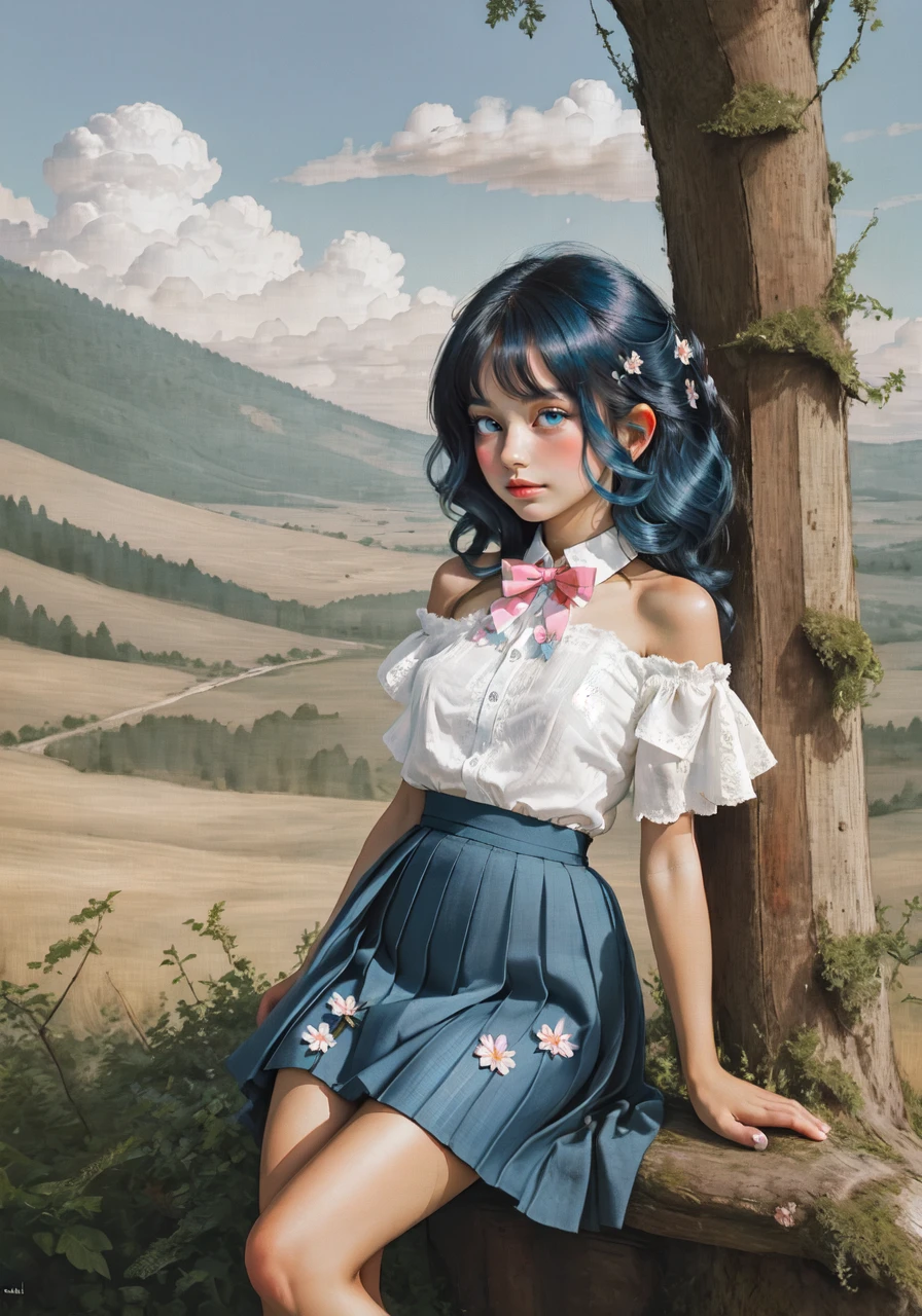 masterpiece, best quality, ultra-detailed, illustration, 1 girl, solo, an extremely delicate and beautiful, little girl, beautiful detailed sky, beautiful detailed eyes, side blunt bangs, hairs between eyes, ribbons, bowties, bare shoulders, small breasts, blank stare, pleated skirt, close to viewer, breeze, Flying splashes, Flying petals, wind, forest, epic clouds, (fine fabric emphasis:1.4),(watercolor:0.6), black eyes, blue hair,  <lora:realistic:1.4>