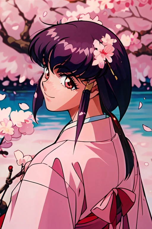 (masterpiece, best quality, highres, absurdres, ultra-detailed:1.2),<lora:AyekaMasakiJurai:0.7>(1girl, solo, ayeka, purple hair, red eyes, obi, japanese clothes, happy, from behind:1.2), (pink sakura, cherry tree petals, love:1.4), <lora:add_detail_v1:0.75>