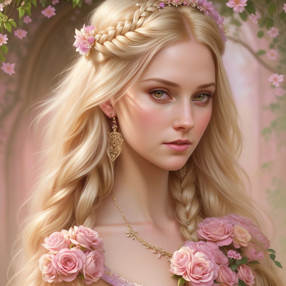 rapunzel princess in dress baroque ornate pink, woman beautiful face full body portrait in hair braid blonde and flowers!!! intricate, elegant, highly detailed, sharp focus, art by tom bagshaw, highly detailed, artstation, concept art, smooth, sharp focus, illustration, art by artgerm and greg rutkowski and alphonse mucha, ultra realistic photo,