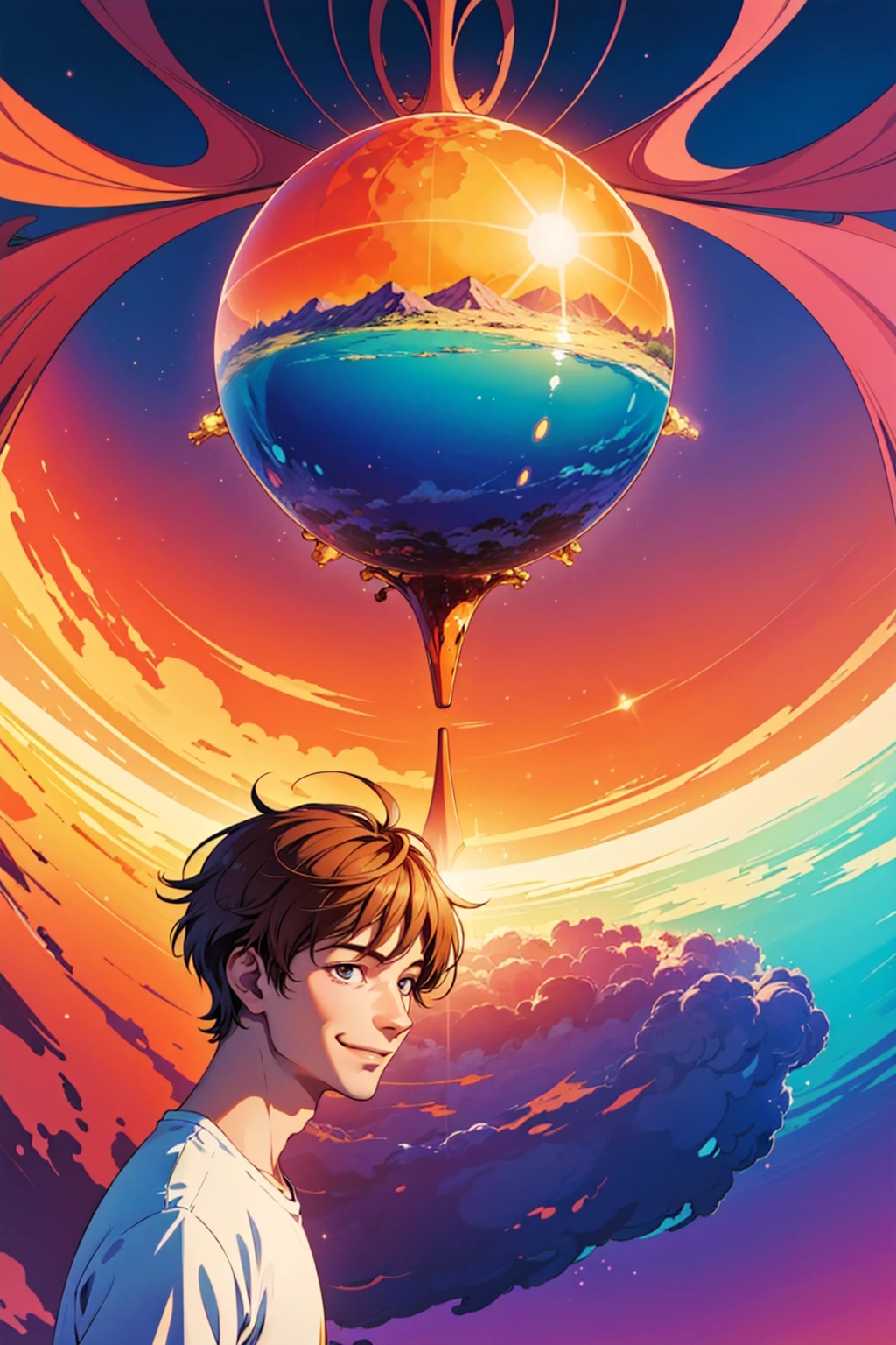 (masterpiece,best quality,absurdres,lineart:1),original design,1boy,40yo man,smile,paradise,sunlight,dreamy,otherworldly,(surreal:1.3),blurry background