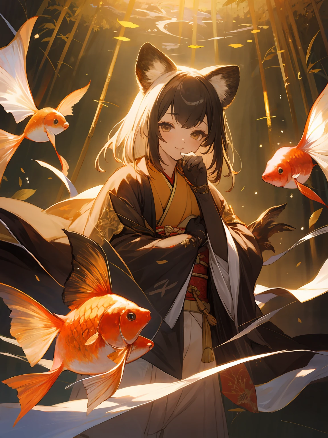 masterpiece,best quality,highres,cinematic lighting,dramatic angle,1girl,<lora:ShadowverseHozumi:0.8> ,1girl,animal ears,japanese clothes,black open jacket,obi,smile,hand on own cheek,looking at viewer,black hair,brown eyes,bamboos,goldfish,dynatic pose,cowboy shot,KIND,gold-trimmed,magic,multicolored hair,white hair,frills,claws,elbow gloves,(open mouth:0.43),magic,feast,foods