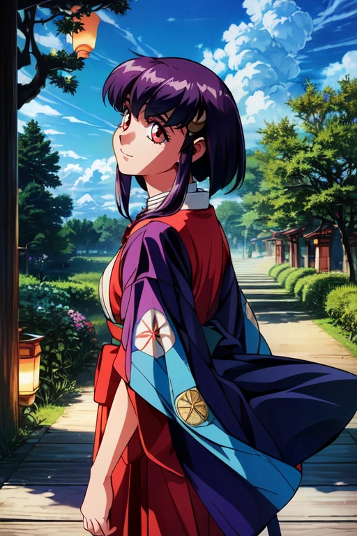 (masterpiece, best quality, highres, absurdres, ultra-detailed:1.2),<lora:AyekaMasakiJurai:0.7>(1girl, solo, ayeka, purple hair, red eyes, obi, japanese clothes, happy, from side, looking away:1.2), (tree of life, clouds, blue sky, cinematic, lanterns:1.4), <lora:add_detail_v1:0.75>