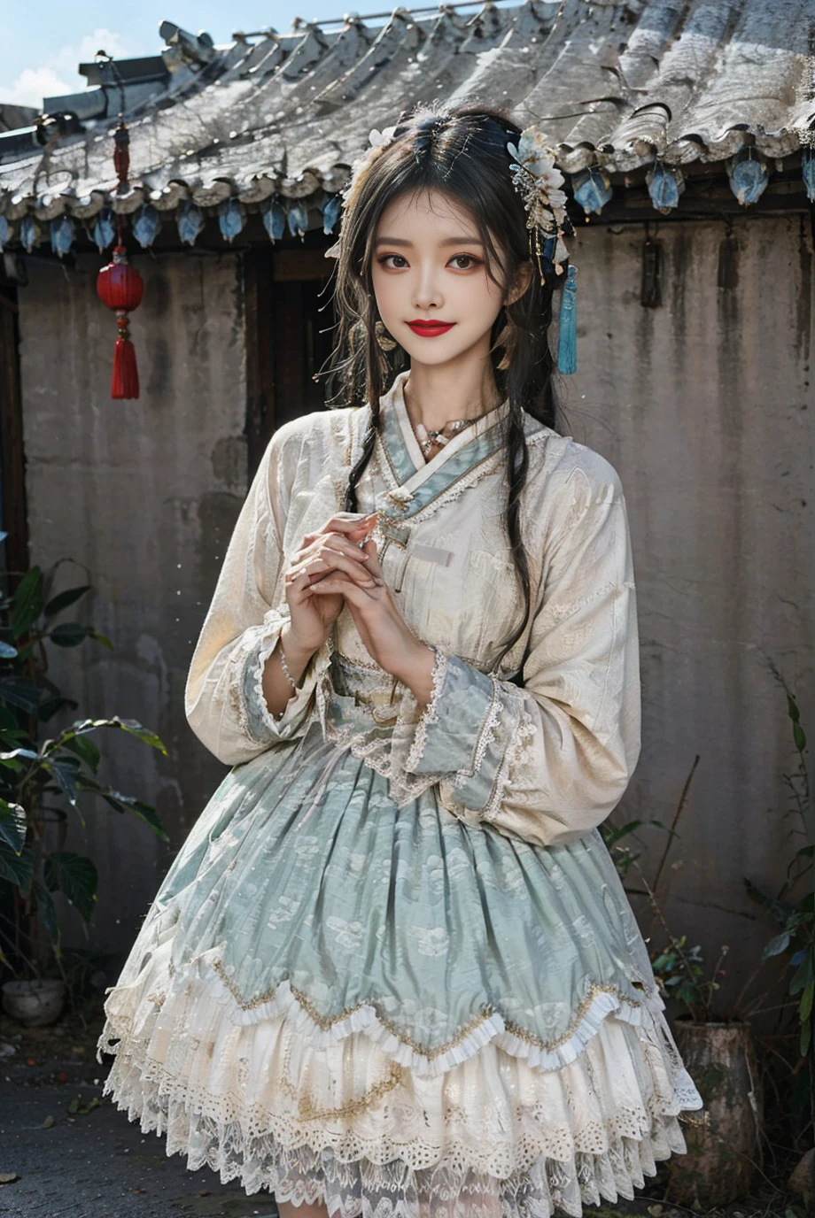 realistic, photorealistic, masterpiece, best quality, 1girl, solo, smile, looking at viewer, long black hair, cowboy shot, cns_dress, pettiskirt, standing, (china jiangnan water town style:1.1), beautiful sky, netural lighting,<lora:Cute Asian Face:0.65> , <lora:cns_dress_style2_v2:0.7>