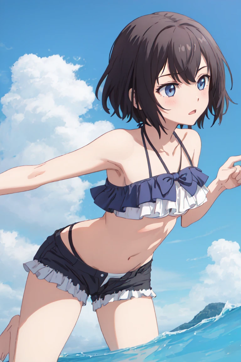 1girl,white frill bikini, short shorts,dynamic pose,(face close up:0.8),