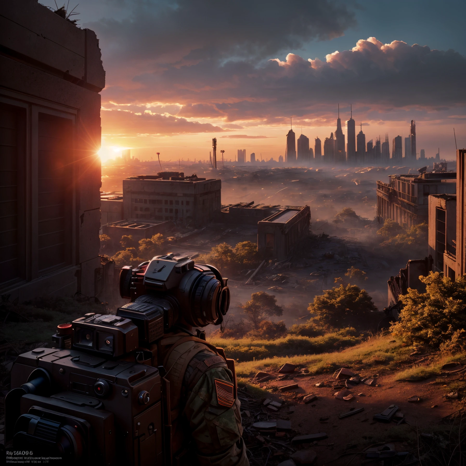 An soldier zombie, (epic post apocalyptic destroyes city overgrown ruins), detailed background, red eyes, close-up, amazing fine detail, RAW photo, Nikon D850 film stock photograph Kodak Portra 400 camera f1.6 lens, rich colors, lifelike texture, dramatic lighting, unreal engine, trending on ArtStation, cinestill 800 tungsten, ((new dawn on horizon))