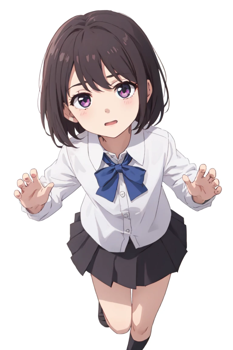 1girl,collared shirt, skirt,(from above:0.85),dynamic pose,hands,(face),thigh,simple background,child