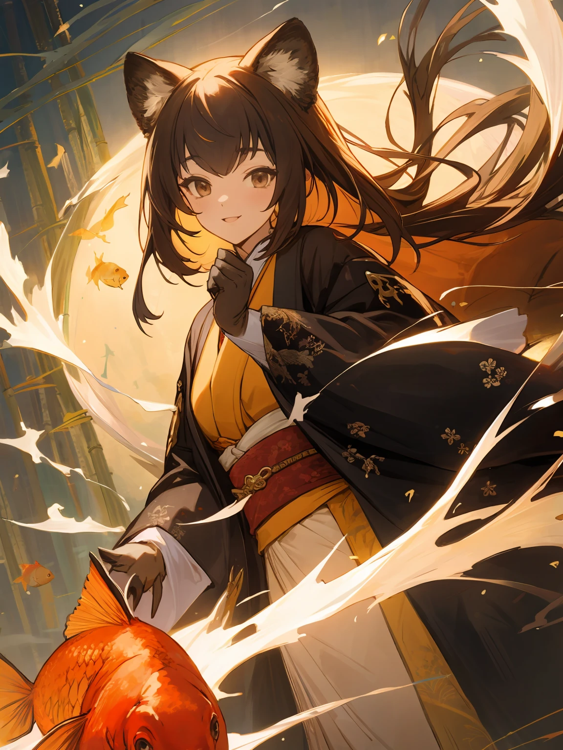 masterpiece,best quality,highres,cinematic lighting,dramatic angle,1girl,<lora:ShadowverseHozumi:0.8> ,1girl,animal ears,japanese clothes,black open jacket,obi,smile,hand on own cheek,looking at viewer,brown eyes,bamboos,goldfish,dynatic pose,cowboy shot,KIND,gold-trimmed,magic,multicolored hair,(black hair:white hair:0.86),frills,claws,elbow gloves,(open mouth:0.43),magic,feast,foods