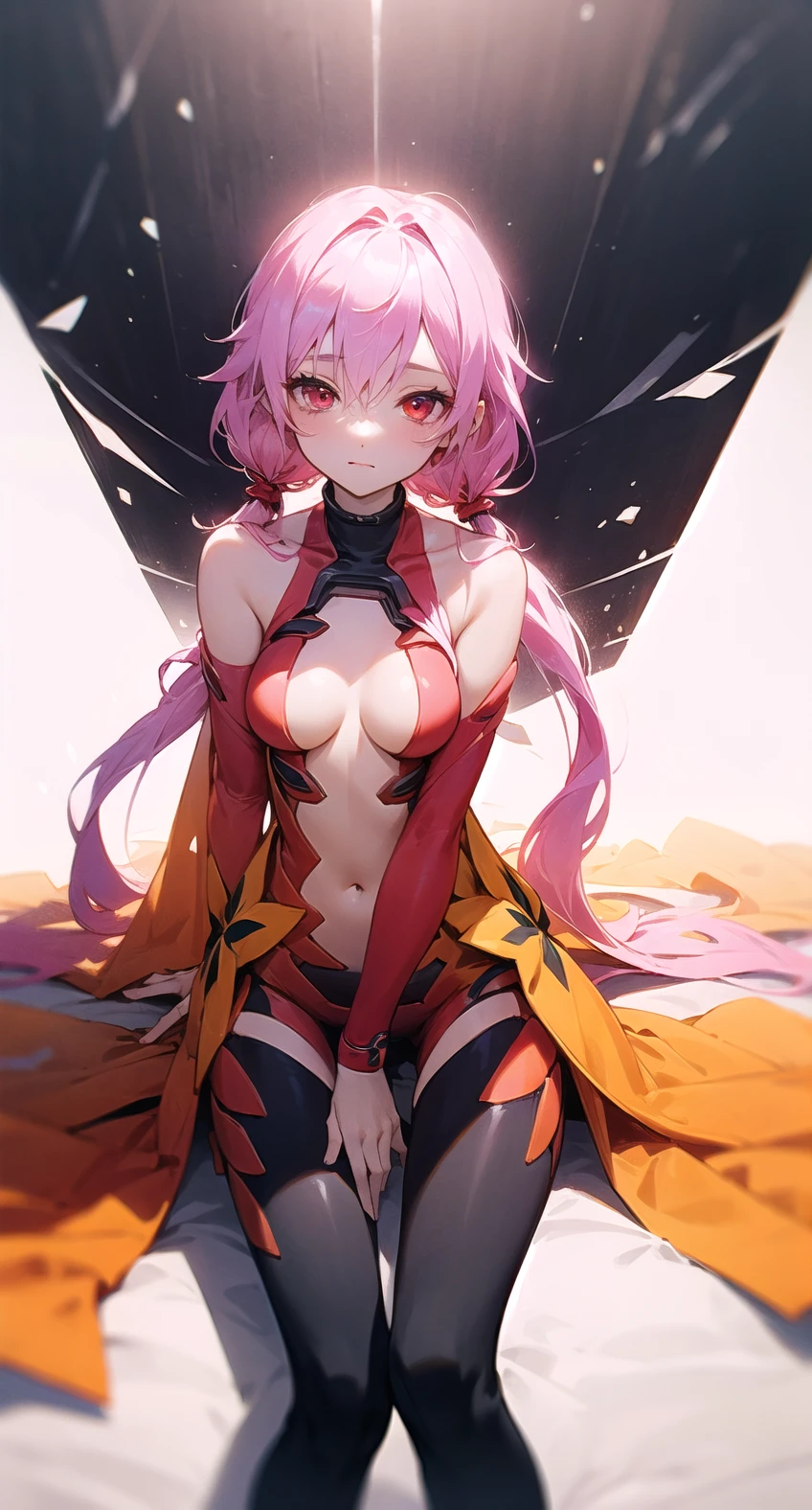 inori hairstyle, outfit-inori, 1girl, solo, breasts, pink hair, long hair, red eyes, looking at viewer, sitting, twintails, medium breasts, hair ornament,  <lora:outfit-inori-pynoise:1>