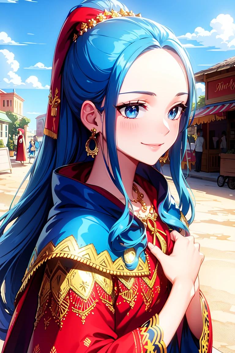 masterpiece, ((ultra detailed background, delicate pattern, intricate detail)), (highly detailed, fine details), best quality, beautiful lighting, (portrait), NefertariViviV3, 1girl, long hair, (blue hair), solo, jewelry, earrings, ((red cape, white dress, simple dress)), ponytail, hair ornament, necklace, sky, blue eyes, complex detailed background, outside, sunny, desert town environment, buildings, town, market, hair lift, hands behind back, smile,  <lora:NefertariViviV3Nine:0.5>