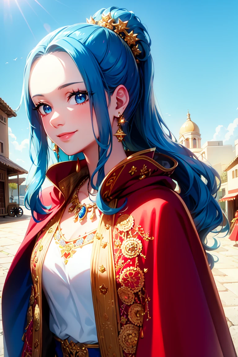 masterpiece, ((ultra detailed background, delicate pattern, intricate detail)), (highly detailed, fine details), best quality, beautiful lighting, (portrait), NefertariViviV3, 1girl, long hair, blue hair, solo, jewelry, earrings, ((red cape, white dress, simple dress)), ponytail, hair ornament, necklace, sky, blue eyes, complex detailed background, outside, sunny, desert town environment, buildings, town, market, hair lift, hands behind back, smile,  <lora:NefertariViviV3Nine:0.5>