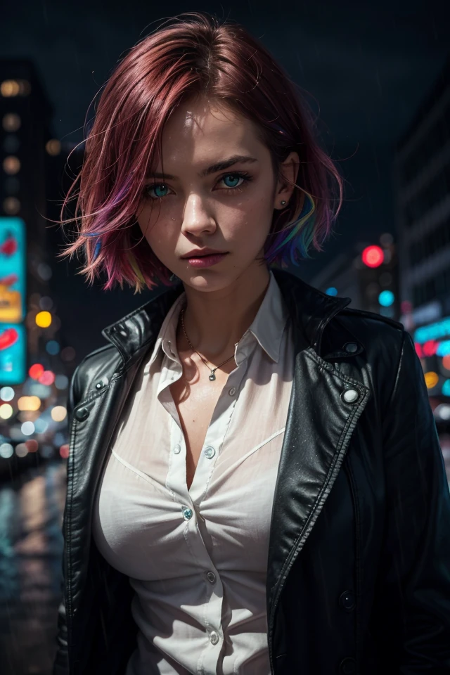 (masterpiece),German 1girl, solo focus, tall female, short hair, multicolored hair, green eyes, jewel like eyes, medium breasts, black coat, white shirt, accessories, city background, futuristic city, night, rain, moody