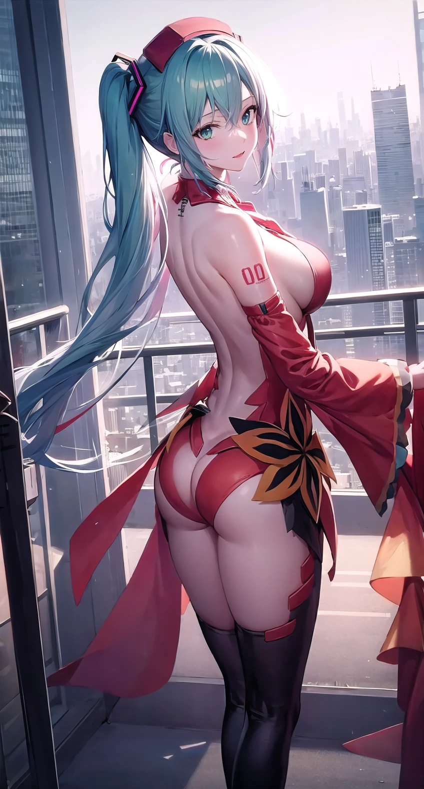 hatsune miku,  outfit-inori, back-to-back,1girl, solo,green eyes, breasts, large breasts, cityscape,  <lora:outfit-inori-pynoise:1>