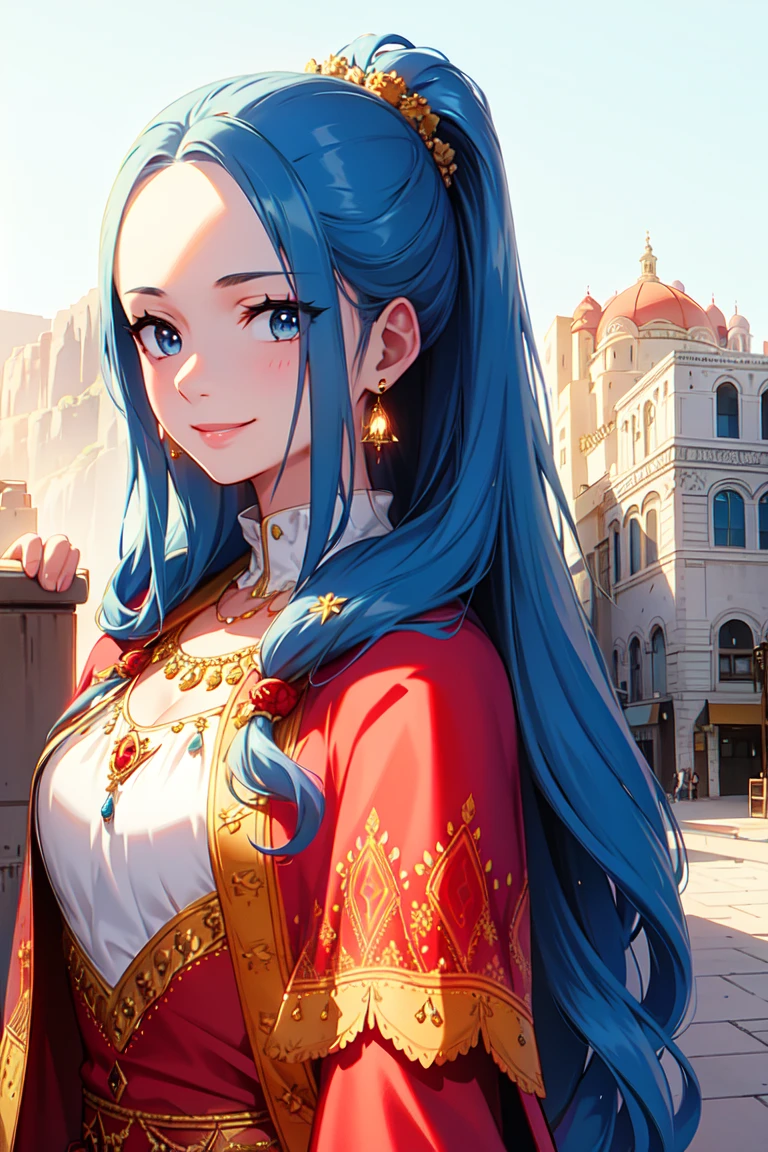 masterpiece, ((ultra detailed background, delicate pattern, intricate detail)), (highly detailed, fine details), best quality, beautiful lighting, (portrait), NefertariViviV3, 1girl, long hair, blue hair, solo, jewelry, earrings, ((red cape, white dress, simple dress)), ponytail, hair ornament, necklace, sky, blue eyes, complex detailed background, outside, sunny, desert town environment, buildings, town, market, hair lift, hands behind back, smile,  <lora:NefertariViviV3Nine:0.5>