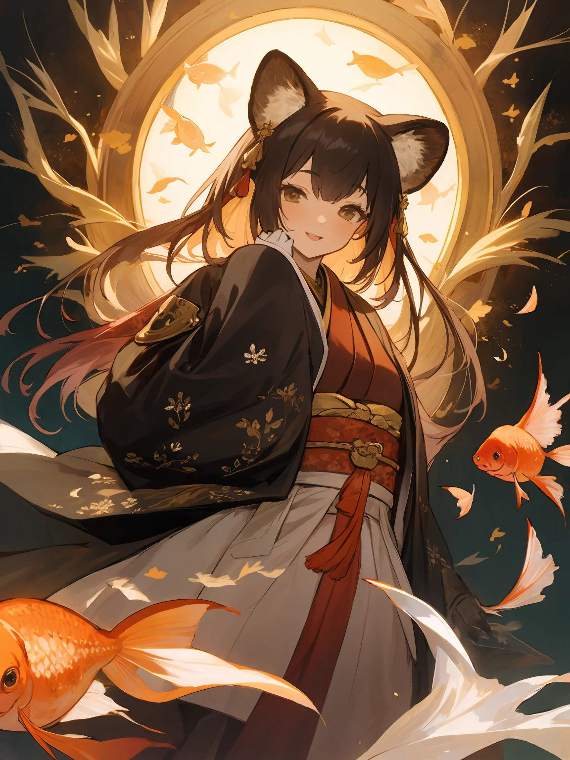 masterpiece,best quality,highres,cinematic lighting,dramatic angle,1girl,<lora:ShadowverseHozumi:0.8> ,1girl,animal ears,japanese clothes,black open jacket,obi,smile,hand on own cheek,looking at viewer,brown eyes,bamboos,goldfish,dynatic pose,cowboy shot,KIND,gold-trimmed,magic,multicolored hair,(black hair:white hair:0.86),frills,claws,elbow gloves,(open mouth:0.43),magic,feast,foods
