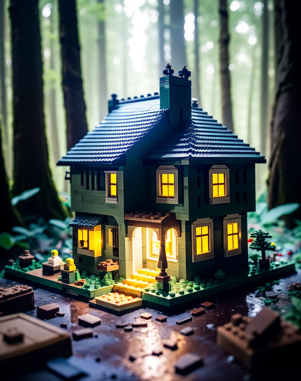 {{{masterpiece}}}, {{{best quality}}}, {{{ultra-detailed}}}, {Perfect lighting}, {depth of field}, <lora:LegoAIrev:1>, LEGOAI, lego material, house in the forest