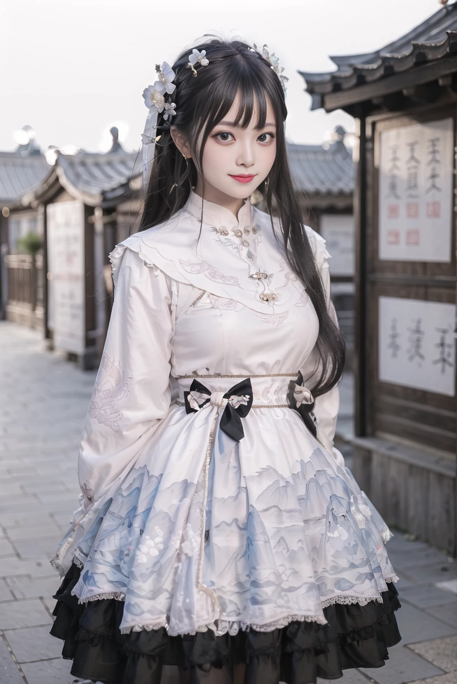 realistic, photorealistic, masterpiece, best quality, 1girl, solo, smile, looking at viewer, long black hair, cowboy shot, cns_dress, pettiskirt, standing, arms behind back, (china jiangnan water town style:1.1), beautiful sky, netural lighting,<lora:Cute Asian Face:0.65> , <lora:cns_dress_style3_v2:0.7>