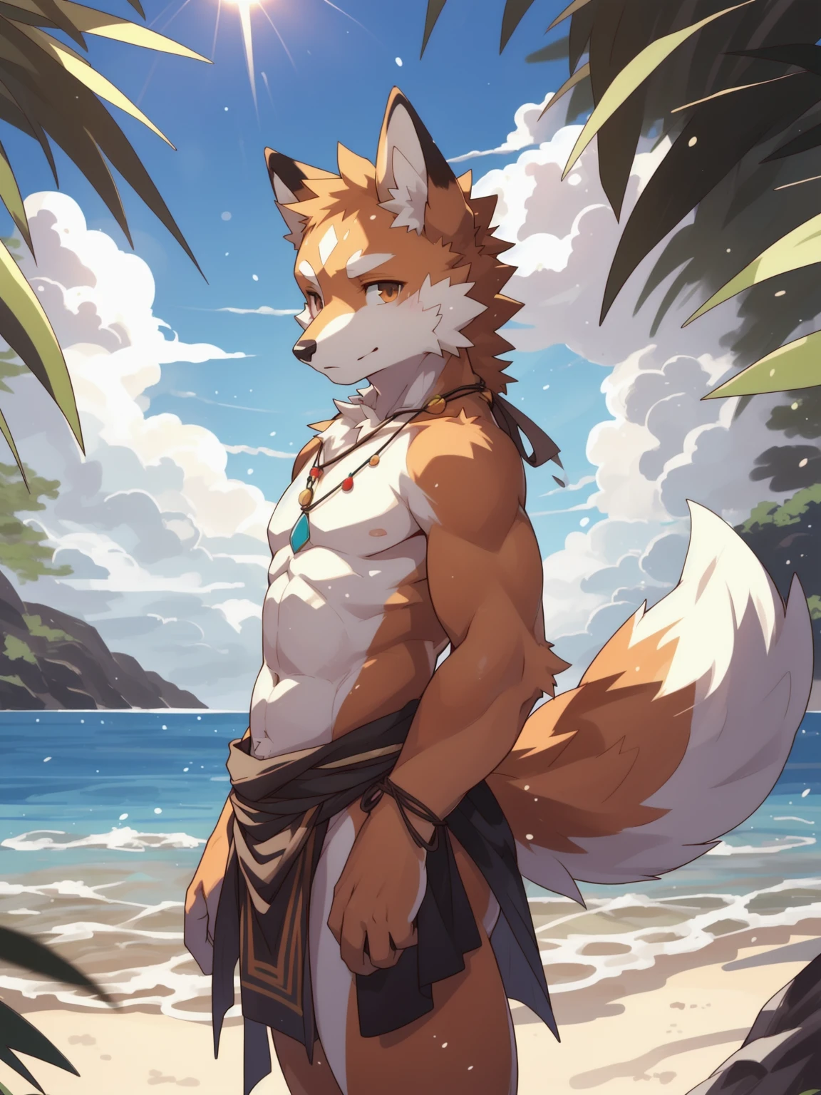 masterpiece, high quality, absurd res, digital painting \(artwork\), by kuroisumi, yupa,kiyosan. soft lighting, solo, (anthro male fox), (orange body), sunshine, beach, loincloth, sea, cloud, dark, bright, sand, from side, necklace. impasto, panorama,portrait,135mm,looking at viewer,character focus. detailed background,amazing background,outdoors,scenery,light particles