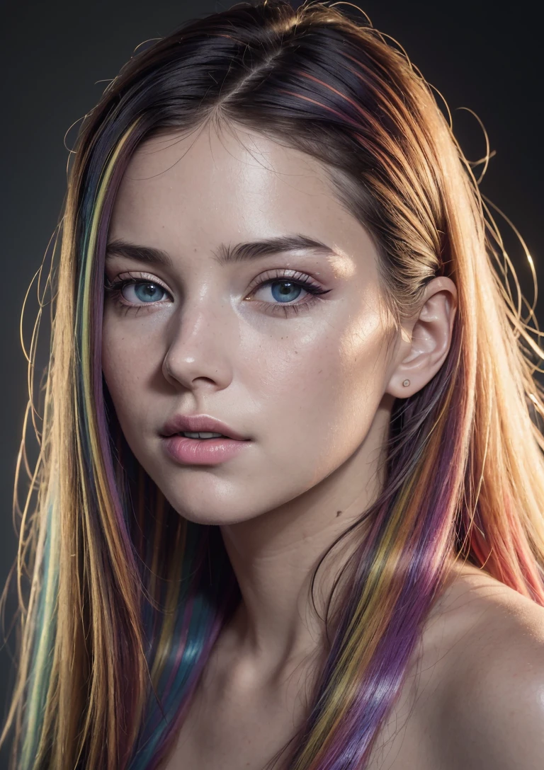 analog style, model shoot style, RAW photo ((portrait:1.8)) of a (young girl:1.5), ((colorful photo:1.5)), (long hair, multicolored hair:1.7), ((cute face: 1.7, perfect face:1.3)), looking at viewer,
(shiny body:1.5, pale skin:1.5), best quality, epic (by lee jeffries and quentin tarantino photo, sony a7, 50 mm, pores:1.5, colors, hyperdetailed:1.5, 
film grain:1.4, hyperrealistic: 1.5), hyper-realistic lifelike texture, masterpiece, unreal engine 5, Extremely detailed CG unity 8k wallpaper, realistic eyes, UHD, HDR, DSLR, 
Madly detailed photo, (ecstasy of light and shadow, deep shadow), (Winner of the Pulitzer Prize for Photography and Taylor Wessing Photographic Prize)