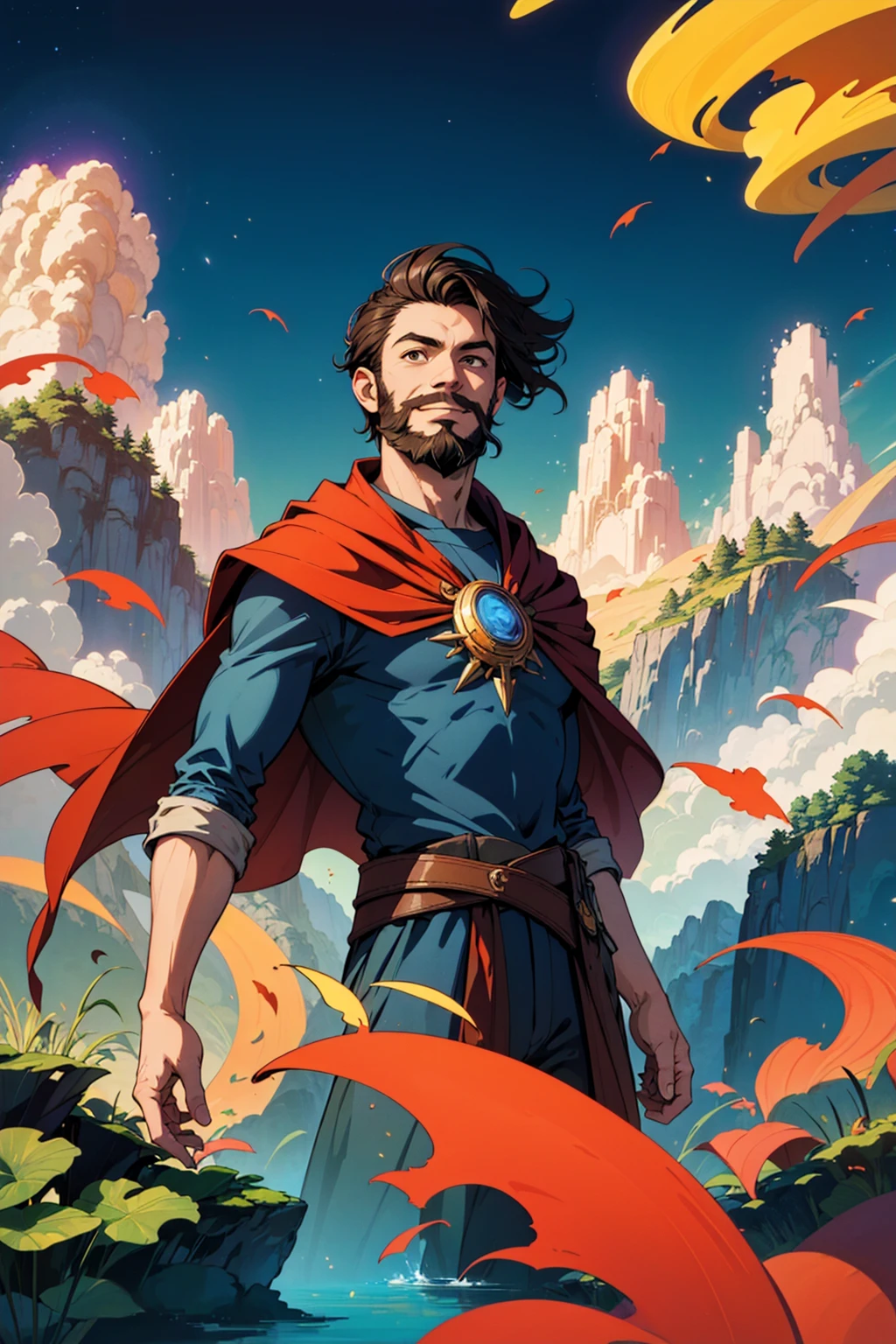 (masterpiece,best quality,absurdres,lineart:1),original design,1boy,male oracle,looking away,smile,cape,(windy:1.1),epic fantasy,lakeside,sunlight,scenery,(dust particles:1.1),leaves,(cinematic:1.1),(abstract:1.4),(surreal:1.4),beard