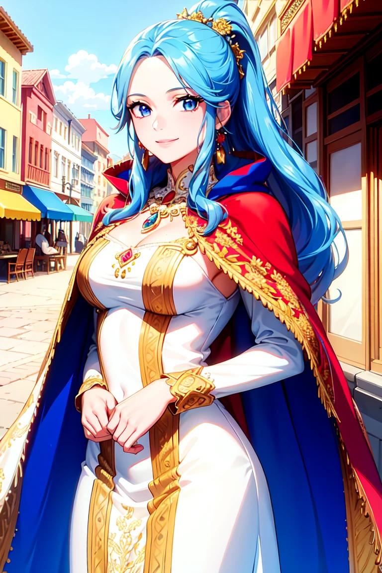 masterpiece, ((ultra detailed background, delicate pattern, intricate detail)), (highly detailed, fine details), best quality, beautiful lighting, (portrait), NefertariViviV3, 1girl, long hair, blue hair, solo, jewelry, earrings, ((red cape, white dress, simple dress)), ponytail, hair ornament, necklace, sky, blue eyes, complex detailed background, outside, sunny, desert town environment, buildings, town, market, hair lift, hands behind back, smile,  <lora:NefertariViviV3Nine:0.5>