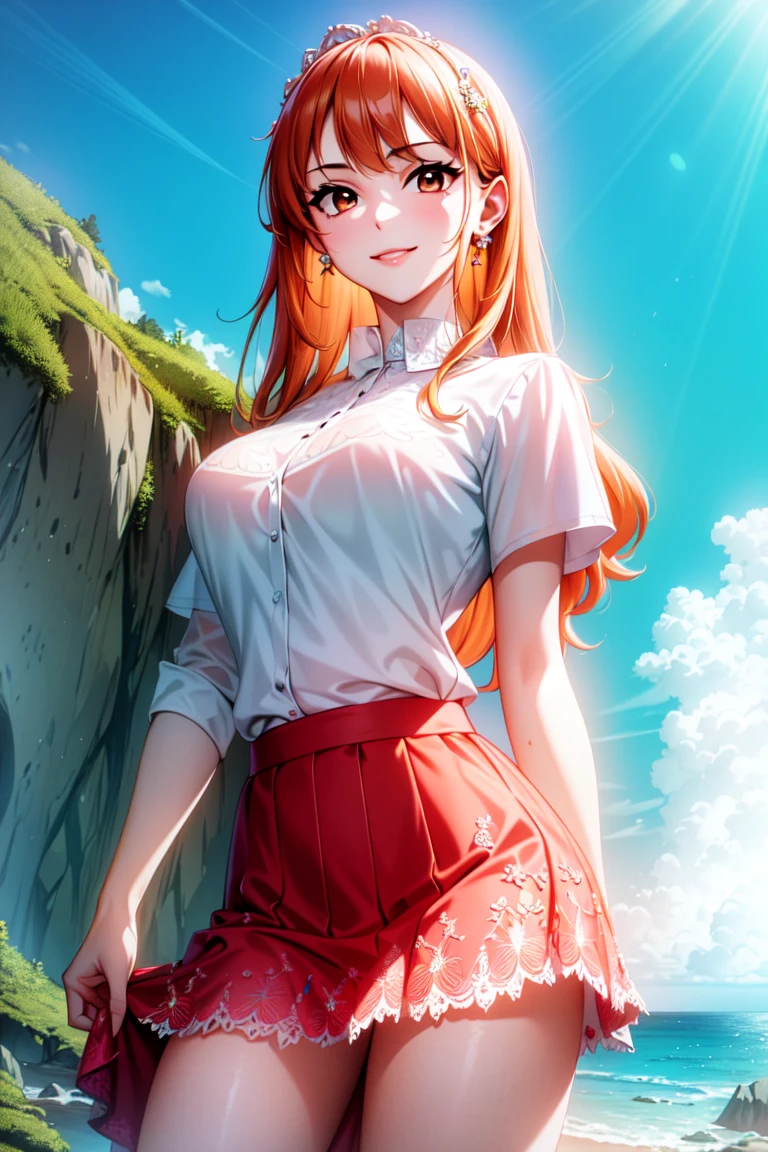 masterpiece, ((ultra detailed background, delicate pattern, intricate detail)), (highly detailed, fine details), best quality, beautiful lighting, ((medium breasts, slim girl)), NamiV3, ((white shirt, red skirt)), simple shirt, 1girl, orange hair, solo, long hair, jewelry, brown eyes, smile, earrings, blue tattoo, (complex detailed background, barren land, rocks, ocean, oustide, nature environment), (cowboy shot),  <lora:NamiV3Nine:0.75>