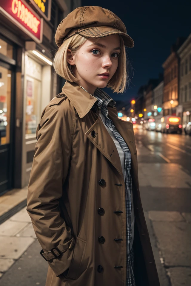 British 1girl,cute detailed face,20yo,blonde hair, bob cut, detective,brown flat cap,brown trench coat, checkered skirt, cinematic lighting,looking at viewer,