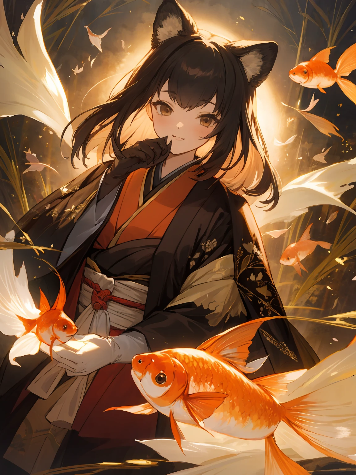 masterpiece,best quality,highres,cinematic lighting,dramatic angle,1girl,<lora:ShadowverseHozumi:0.8> ,1girl,animal ears,japanese clothes,black open jacket,obi,smile,hand on own cheek,looking at viewer,brown eyes,bamboos,goldfish,dynatic pose,cowboy shot,KIND,gold-trimmed,magic,multicolored hair,(black hair:white hair:0.86),frills,claws,elbow gloves,(open mouth:0.43),magic,feast,foods
