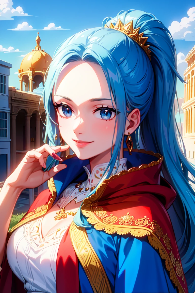 masterpiece, ((ultra detailed background, delicate pattern, intricate detail)), (highly detailed, fine details), best quality, beautiful lighting, (portrait), NefertariViviV3, 1girl, long hair, blue hair, solo, jewelry, earrings, ((red cape, white dress, simple dress)), ponytail, hair ornament, necklace, sky, blue eyes, complex detailed background, outside, sunny, desert town environment, buildings, town, market, hair lift, hands behind back, smile,  <lora:NefertariViviV3Nine:0.5>