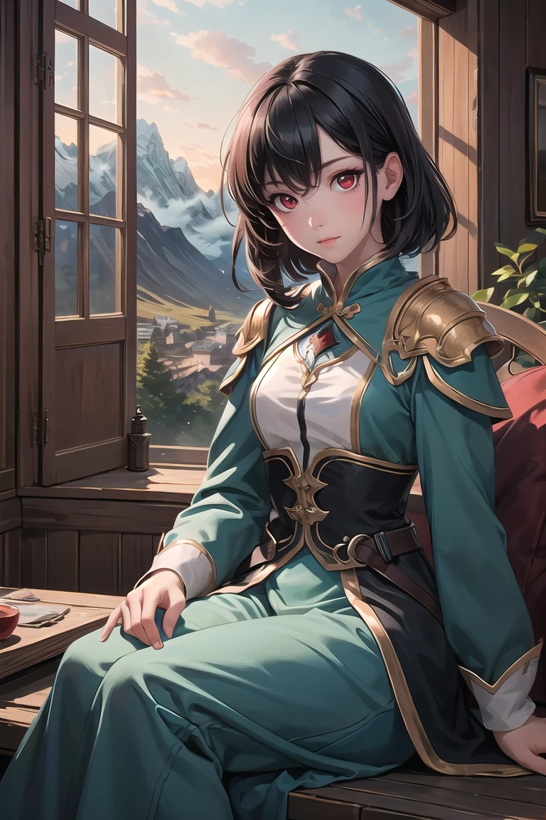 best quality, high detail, (detailed face), detailed eyes,((best quality, masterpiece)), 1girl, black hair, red eyes, sitting, fantasy clothes, window with a mountain outside during dawn,<lora:more_details:0.3> <lyco:GPTS4 dreamwave full_478773:0.3> <lyco:GoodHands-beta2:0.8>