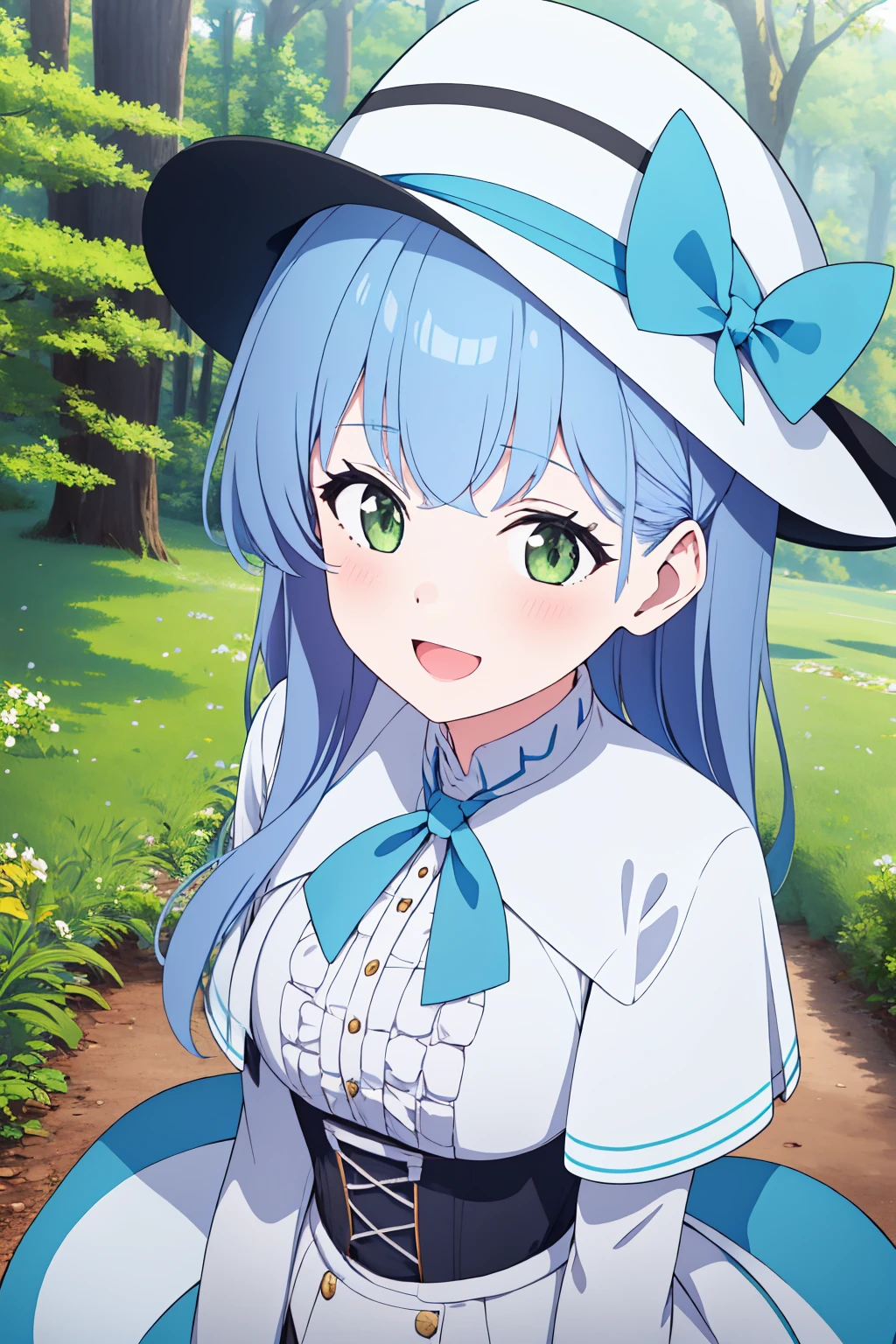 isabellaNorn,1girl, solo, solo,blue_hair,green_eyes,upper_body,blush,smile,((happy)),:D, <lora:isabellaNornV1:.8:OUTD>,white_capelet,hat_bow,hat,bow,white_dress,corset,sunny,trees,forest,ribbon,from_side,from_above,long_hair