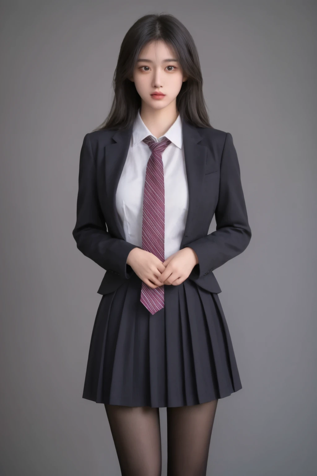 (masterpiece:1.2),best quality,high resolution,unity 8k wallpaper,(illustration:1),beautiful detailed eyes:,extremely detailed face,perfect lighting,photo_\(medium\),photorealistic,realistic,
1girl, solo, necktie, pantyhose, skirt, long hair, black hair, shirt, head out of frame, white shirt, striped necktie, simple background, long sleeves, pleated skirt, black skirt, gun, school uniform, collared shirt, handgun, standing, grey background, weapon, <lora:hongshufeng_v3:0.25>