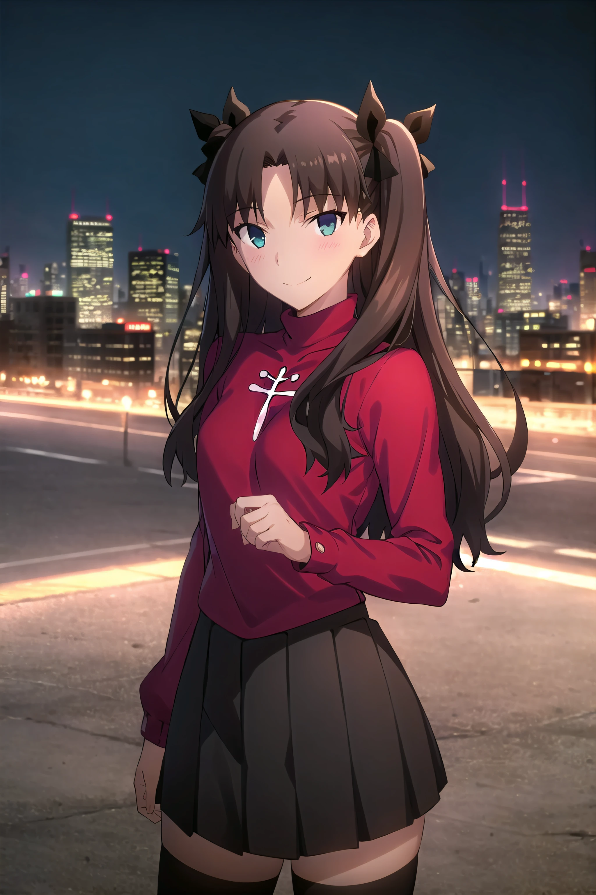 best quality, (masterpiece:1.2), highly detailed,
city, cityscape, night,
<lora:chara_FateStayNightUBW_TohsakaRin_v1:0.8>, tohsaka rin,
1girl, solo, standing, looking at the viewer, smile, closed mouth, slight blush,
long hair, two side up, brown hair, blue eyes, hair ribbon,
red turtleneck, long sleeves, pleated skirt, black skirt, black thighhighs