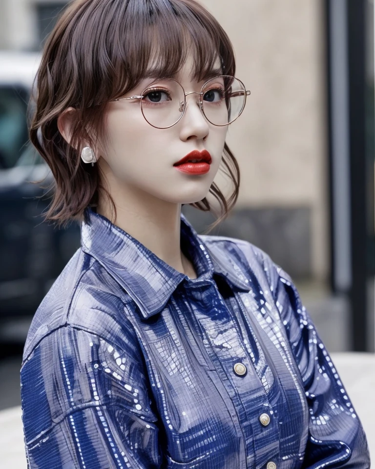 best quality, chengxiao, 1girl, solo, short hair, looking at viewer, shirt, red lips, glasses, round glasses, <lora:chengxiao_v2:0.7>