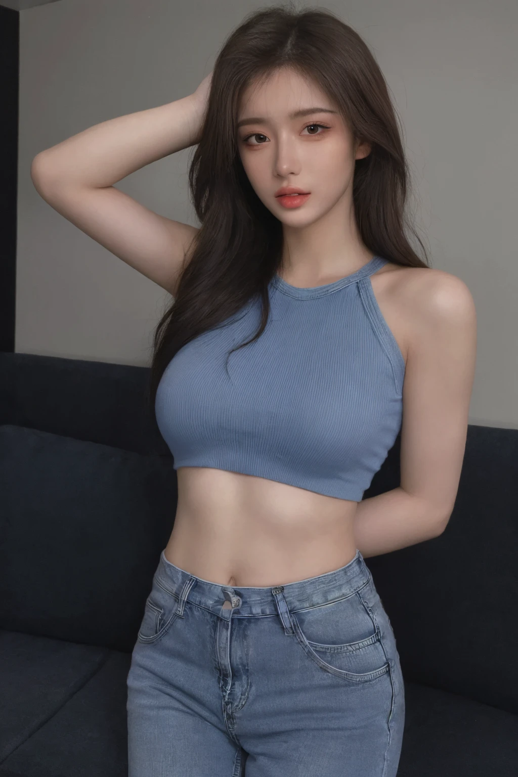 (masterpiece:1.2),best quality,high resolution,unity 8k wallpaper,(illustration:1),beautiful detailed eyes:,extremely detailed face,perfect lighting,photo_\(medium\),photorealistic,realistic,
1girl, solo, denim, pants, navel, jeans, midriff, looking at viewer, arm behind back, brown hair, long hair, brown eyes, bare shoulders, black hair, crop top,parted lips, makeup, lips, blue pants, breasts,<lora:hongshufeng_v3:0.25>