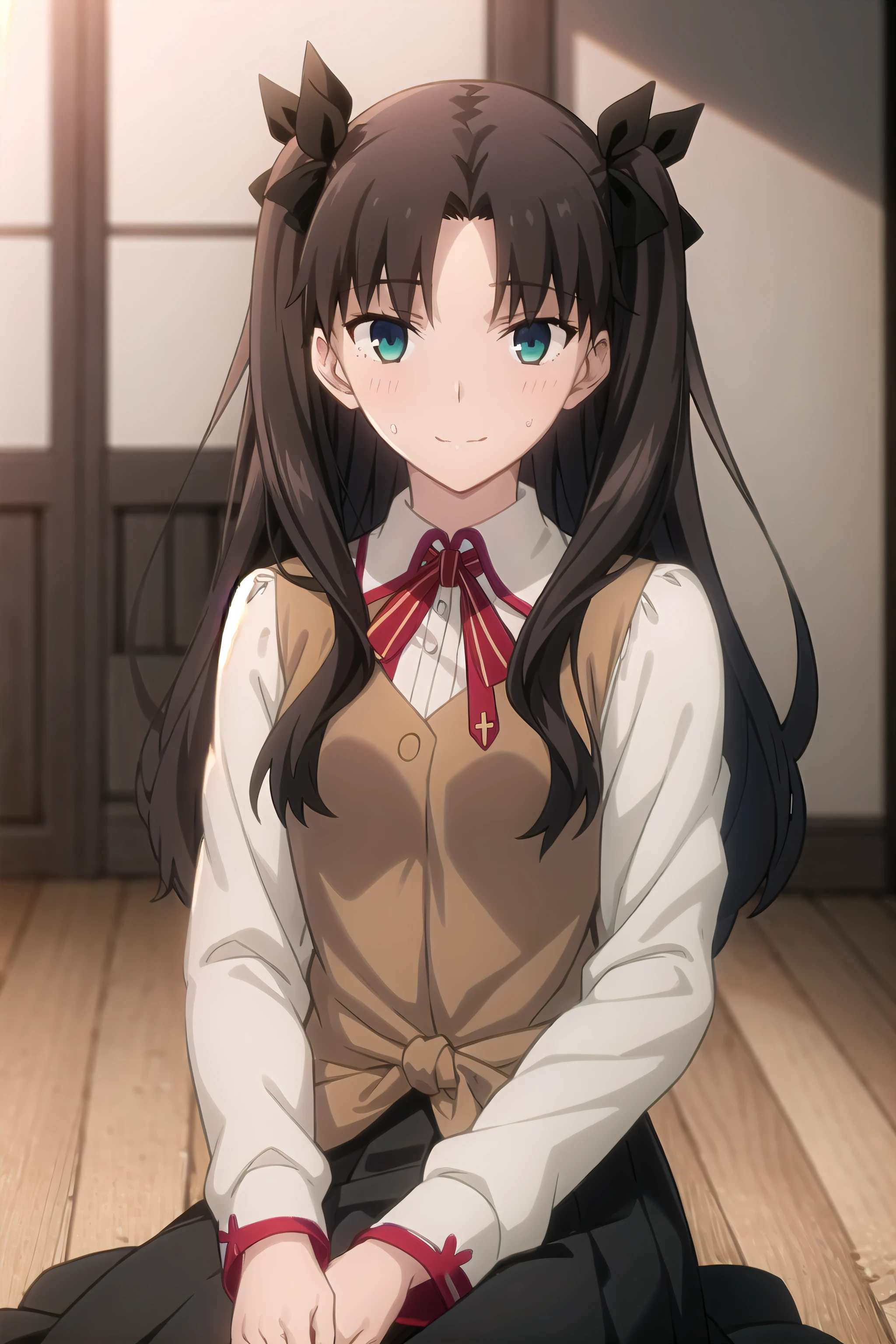 best quality, (masterpiece:1.2), highly detailed,
indoors,
<lora:chara_FateStayNightUBW_TohsakaRin_v1:0.8>, tohsaka rin,
1girl, solo, sitting, looking at the viewer, closed mouth, slight smile, slight blush,
long hair, two side up, brown hair, blue eyes, hair ribbon,
homurahara academy school uniform