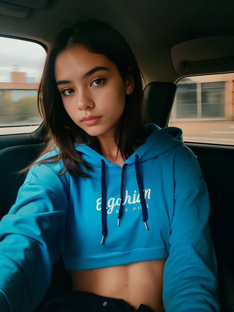 RAW photo, a 22-year-old-girl, upper body, selfie in a car, blue hoodie, inside a car, epicRealism
