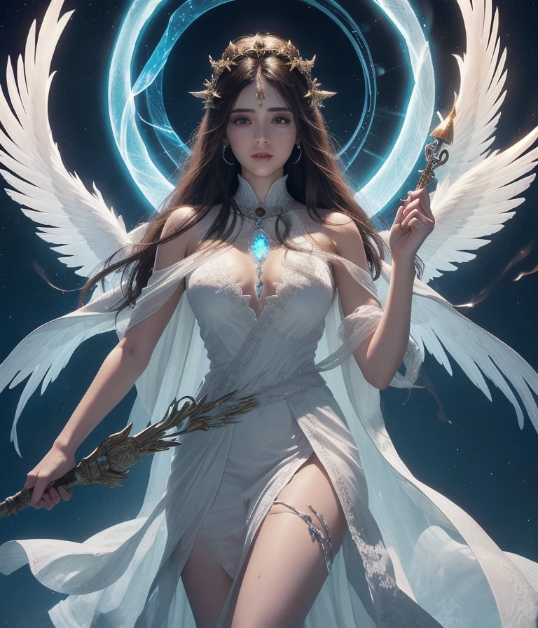 a woman, body in dress white, (masterpiece:1.2, best quality), ultra detailed, Ultra-precise depiction, Ultra-detailed depiction, (upper body:1.15) Elemental mage, robe with a flame pattern, staff with a crystal of ice, earth talisman with a carving of stone, air feather with a gust of wind, sacred temple with a portal to the elemental plane